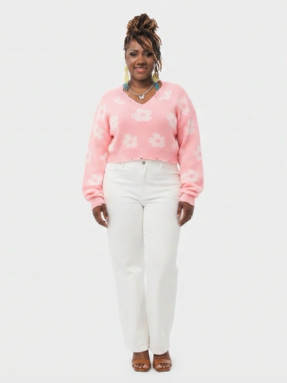 SHEIN Pink Floral V-Neck Cropped Knit Sweater
